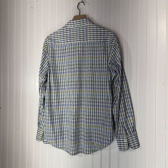 Robert Graham XL Tailored Fit Check Stripe Shirt Blue Yellow Bold Cuff Casual - Picture 3 of 10